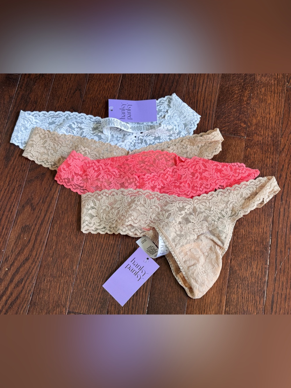 🎉NEW Hanky Panky Lace Thong 4-Pack in Beige, Coral, White